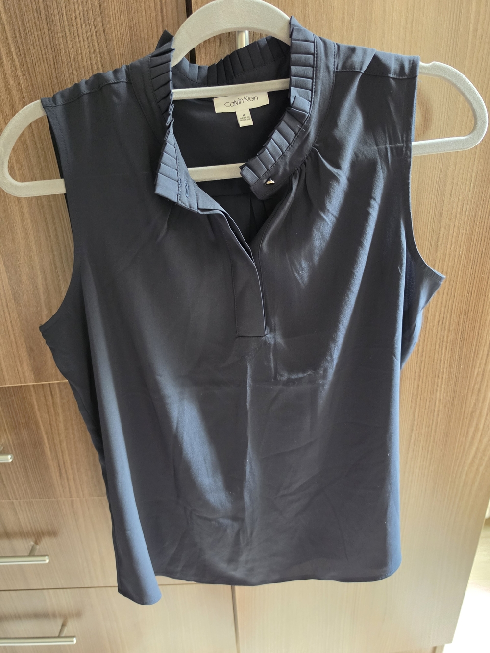 Calvin Klein Dark Navy Sleeveless Pleated Stand-Collar Blouse